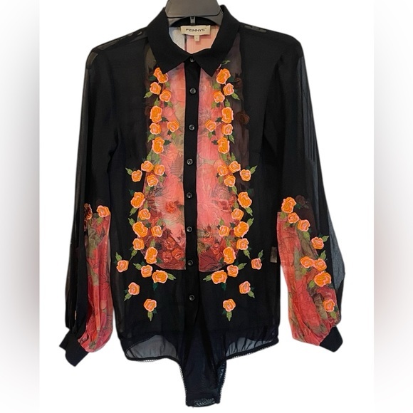 FEiNNYS Tops - FEiNNYS Black Silk Sheer Floral Embroidered Dainty Romantic Bodysuit, Size Small